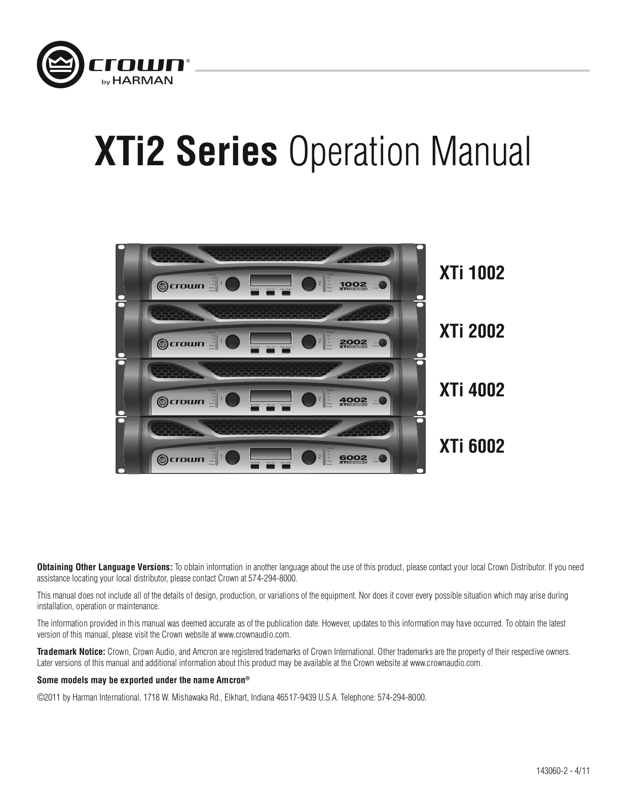 Crown Audio XTi 4002, XTi 1002, XTi 6002, XTi 2002 User manual