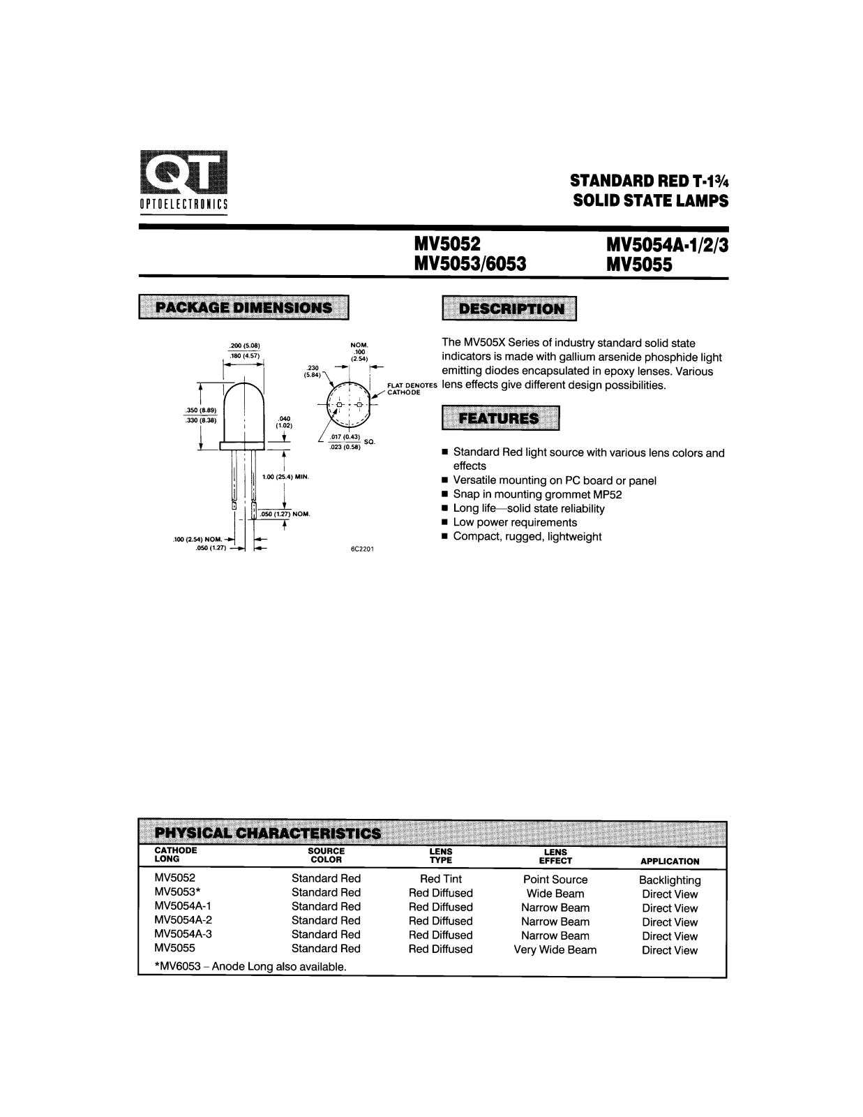 QT MV5053, MV6053, MV5055, MV5054A3, MV5054A1 Datasheet