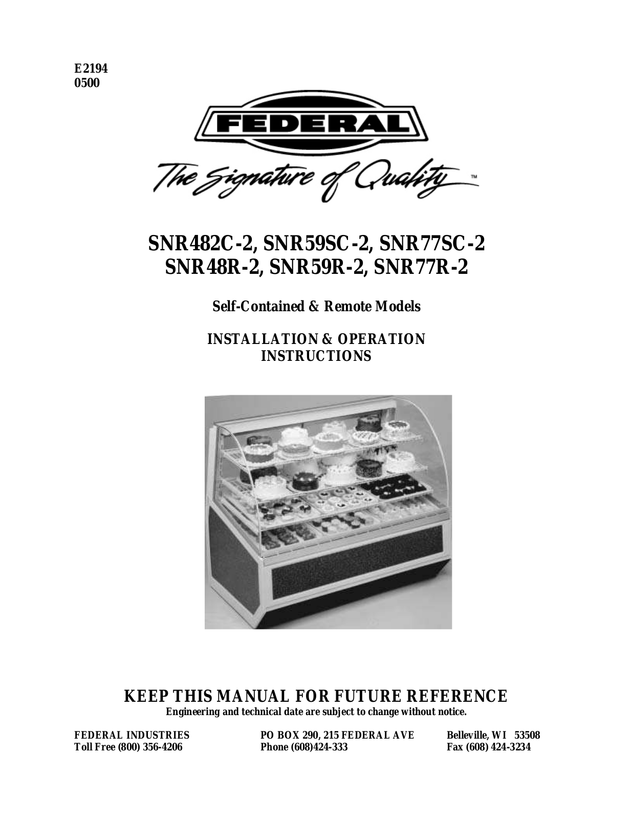 Federal Industries SNR482C-2 Installation  Manual