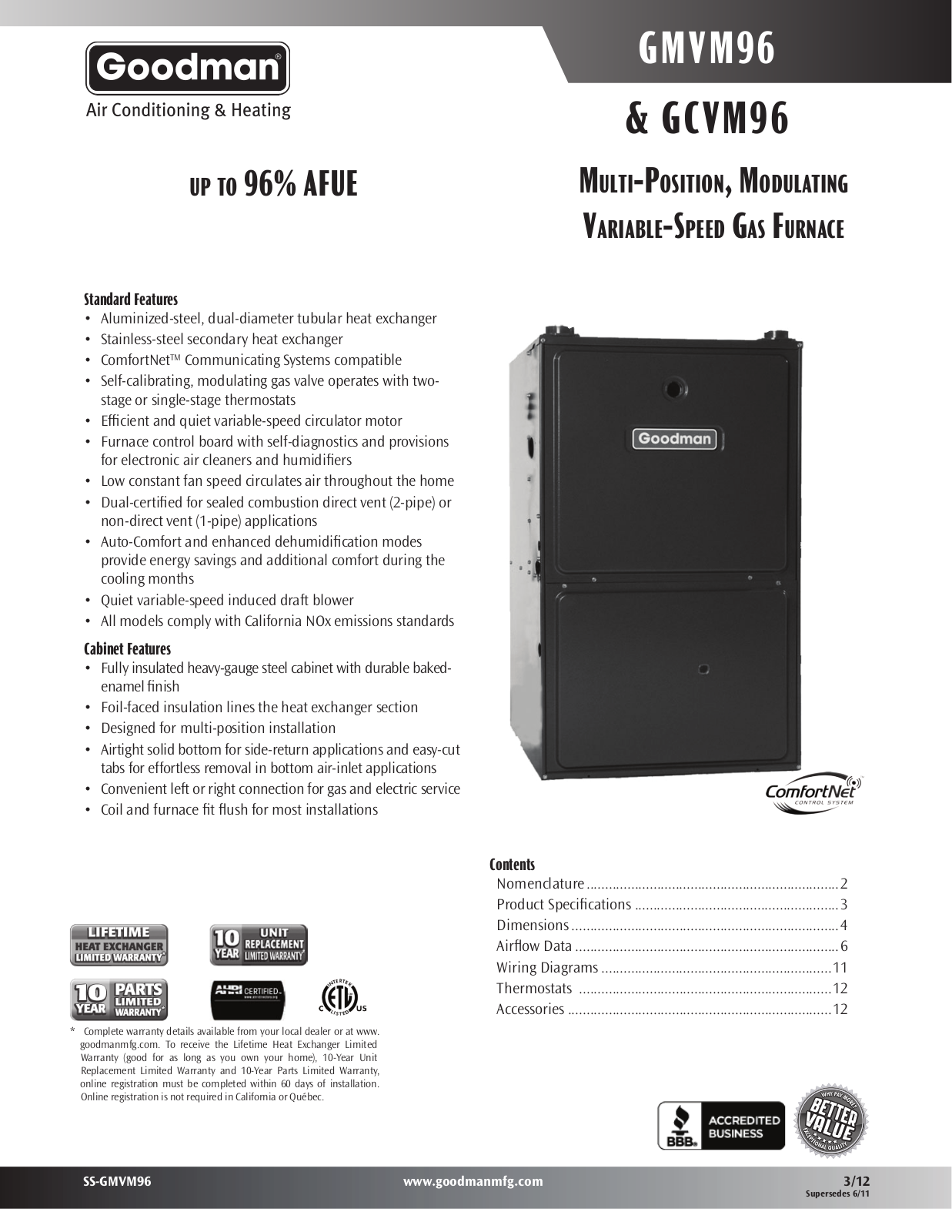 Goodman VARIABLE-SPEED GAS FURNACE GMVM96, GMVM960603BX, GMVM960805CX, GMVM961005DX, GMVM961155DX User Manual