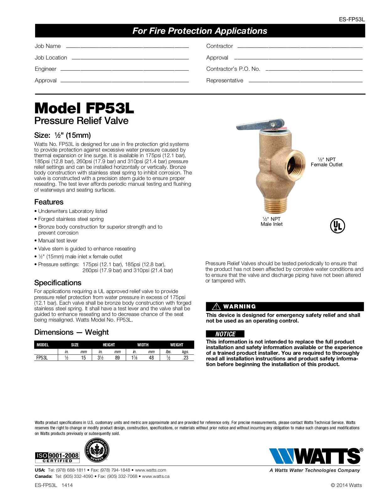 Watts FP53L User Manual