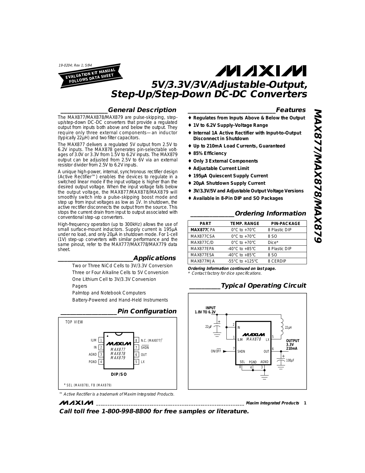 Maxim MAX877C-D, MAX879C-D, MAX879CPA, MAX879CSA, MAX879EPA Datasheet