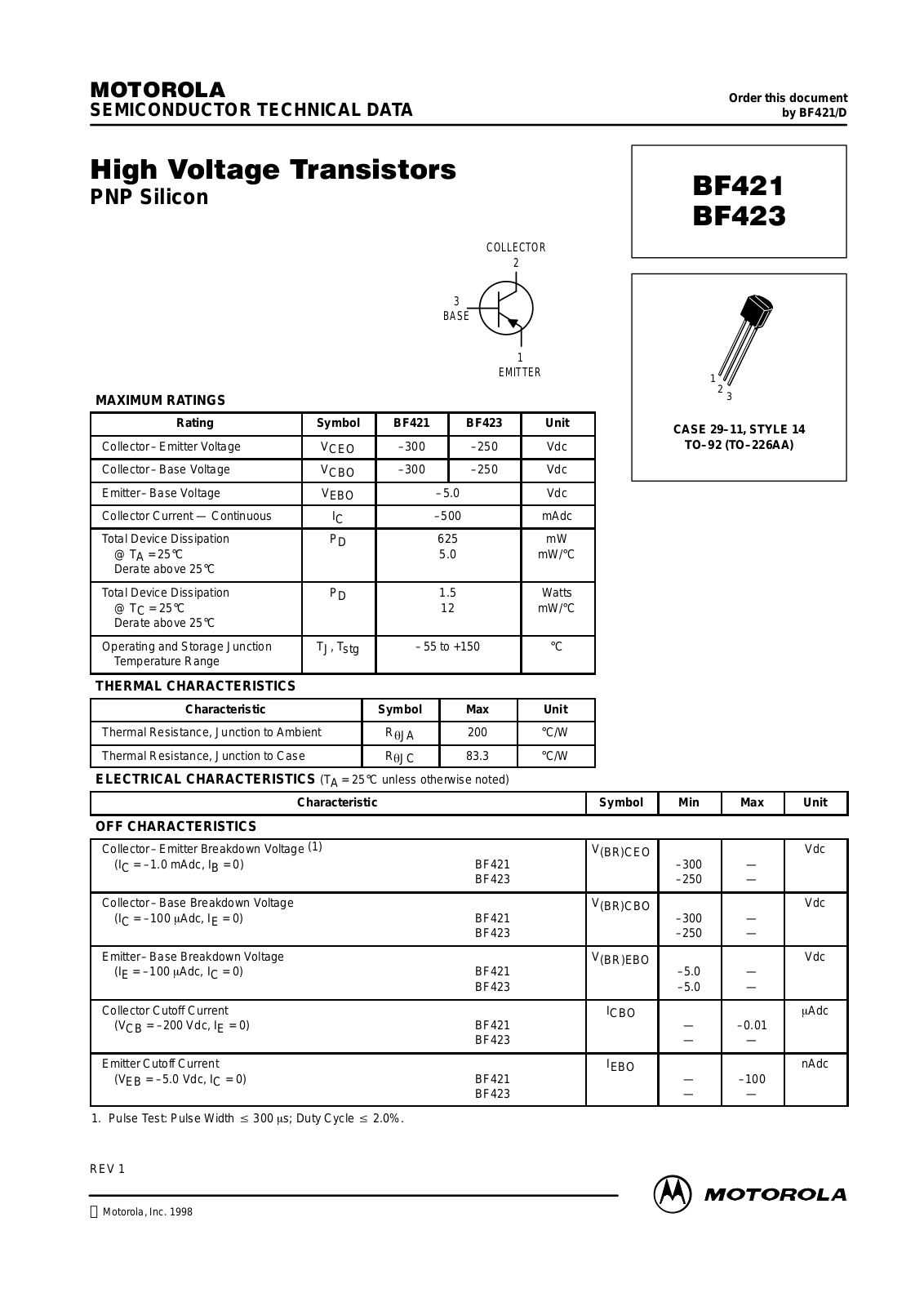 ON Semiconductor BF423ZL1, BF423RL1, BF423, BF421ZL1 Datasheet