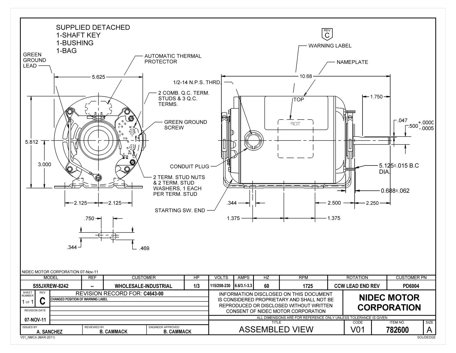 US Motors PD6004 Dimensional Sheet