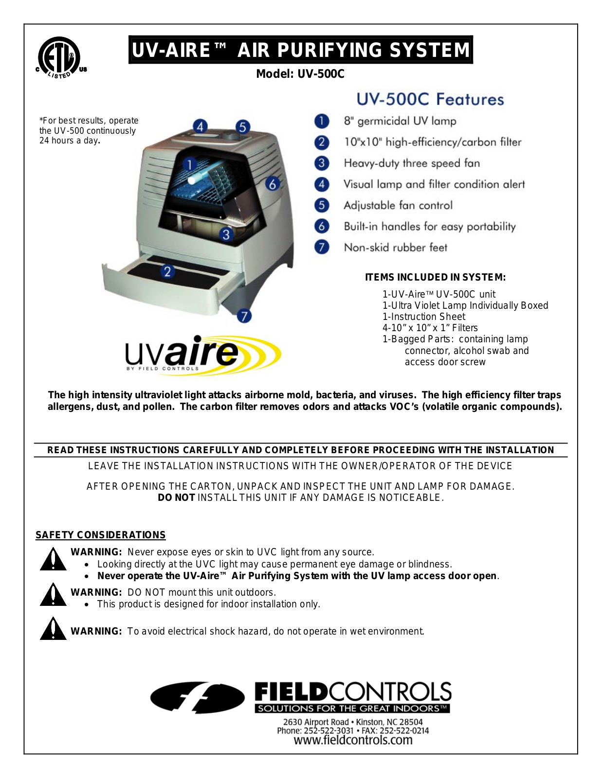 Field Controls UV-500C User Manual