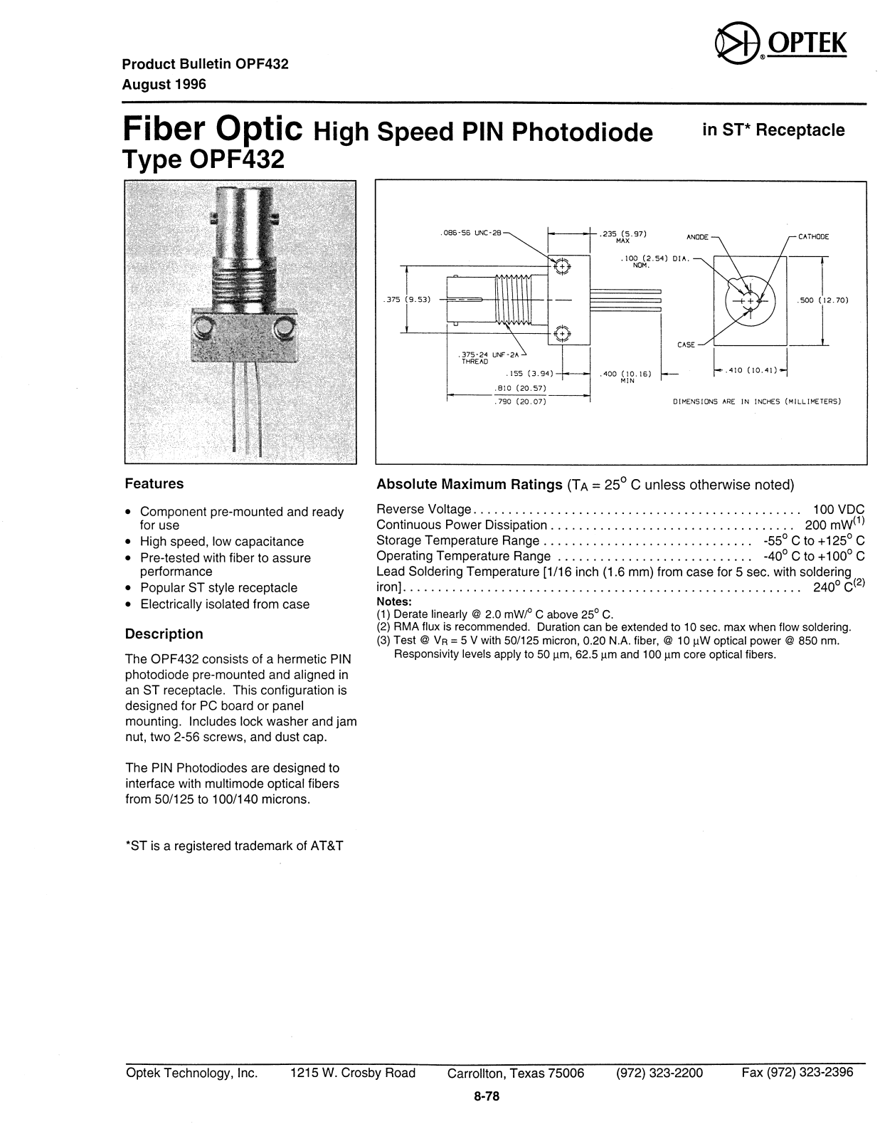 OPTEK OPF432 Datasheet