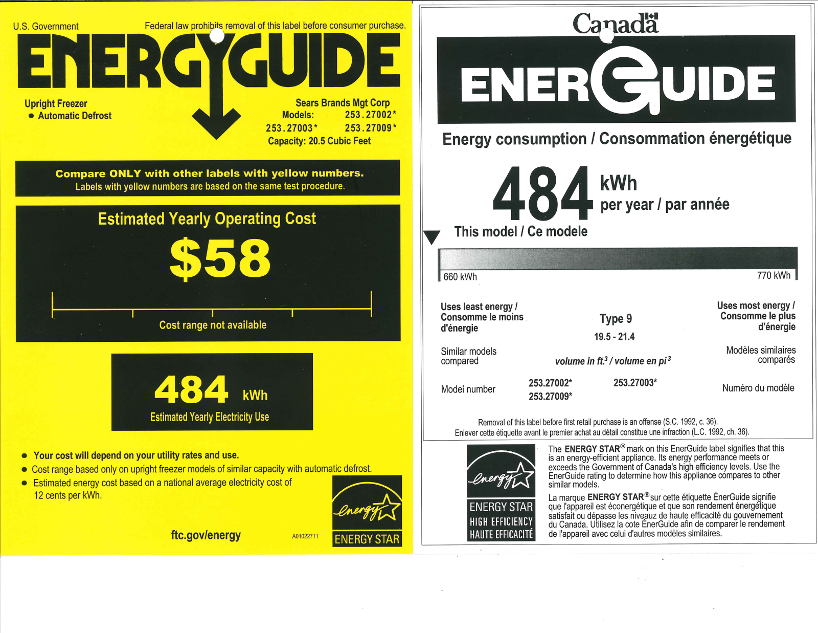 Kenmore Elite 21 cu. ft. Upright Freezer Energy Guide