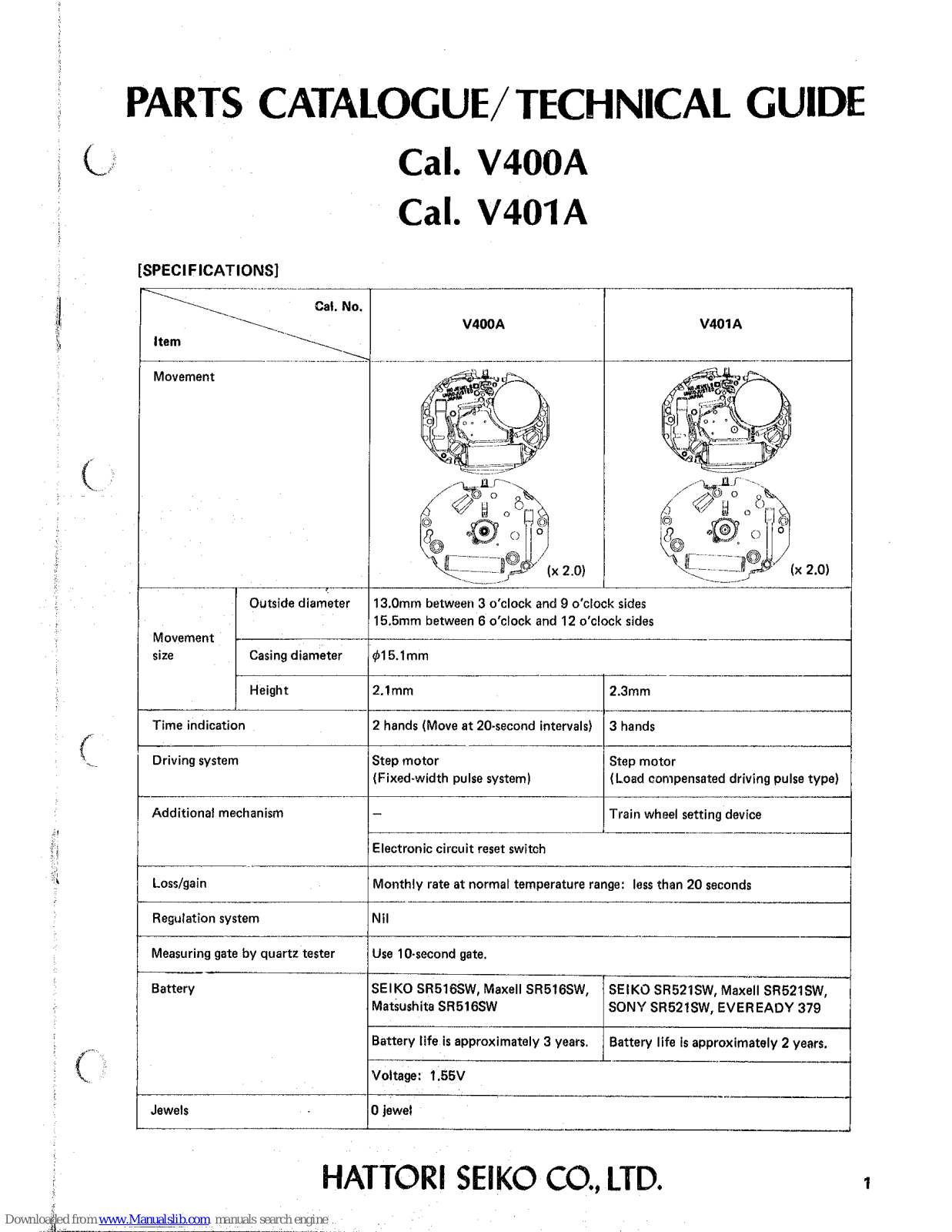 Seiko V400A, V401A Parts Catalogue /technical Manual