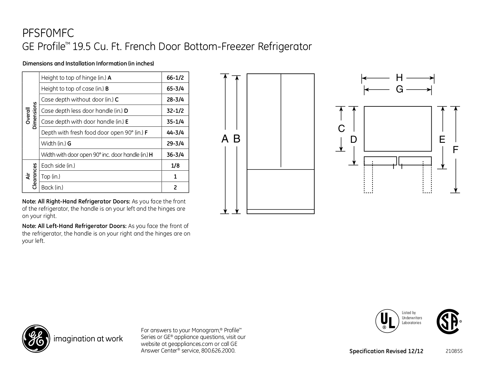 GE PFSF0MFC Specification