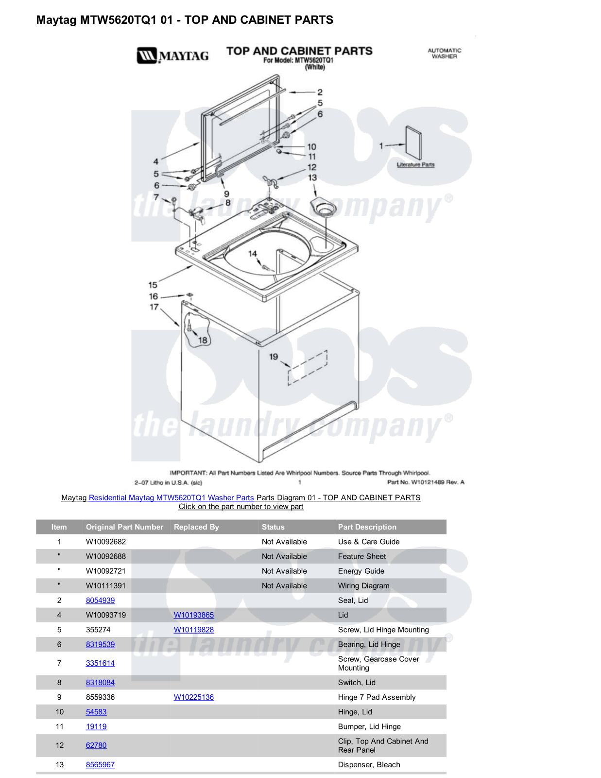 Maytag MTW5620TQ1 Parts Diagram