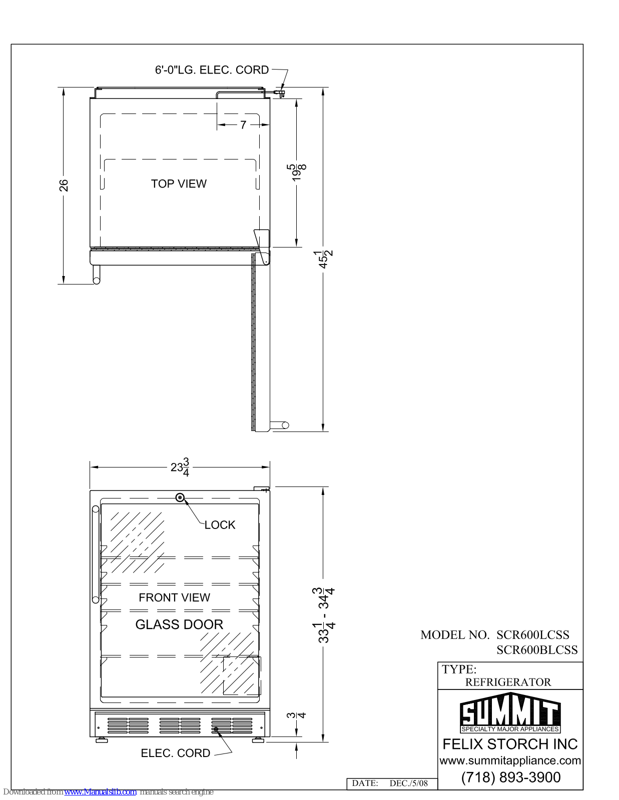 Summit SCR600BL-CSS, SCR600LCSS Dimensional Drawing