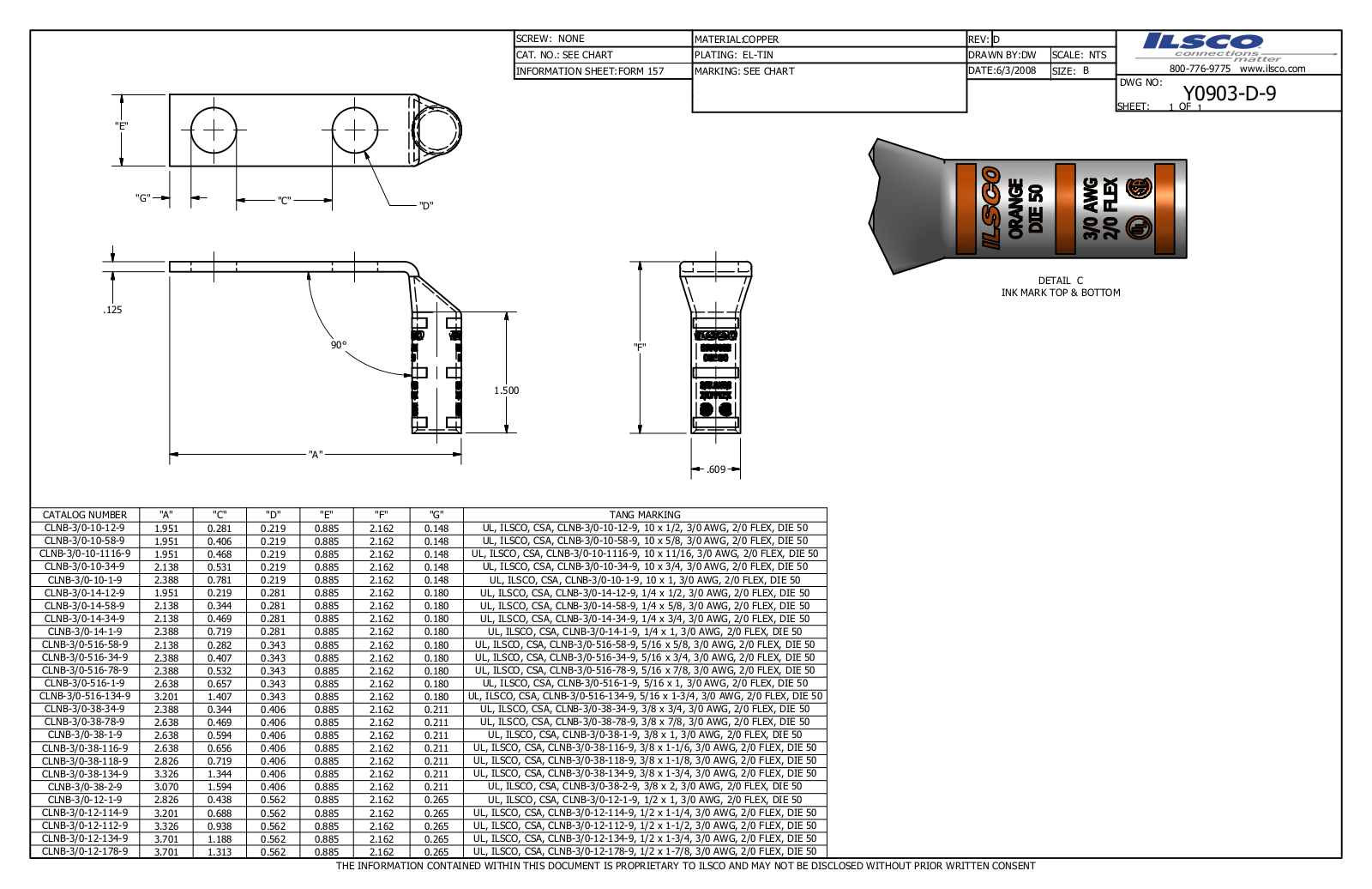 Ilsco CLNB-3/0-38-1-9 Data sheet