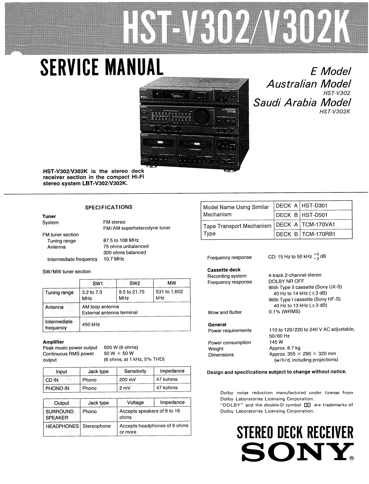 Sony HSTV-302 Service manual