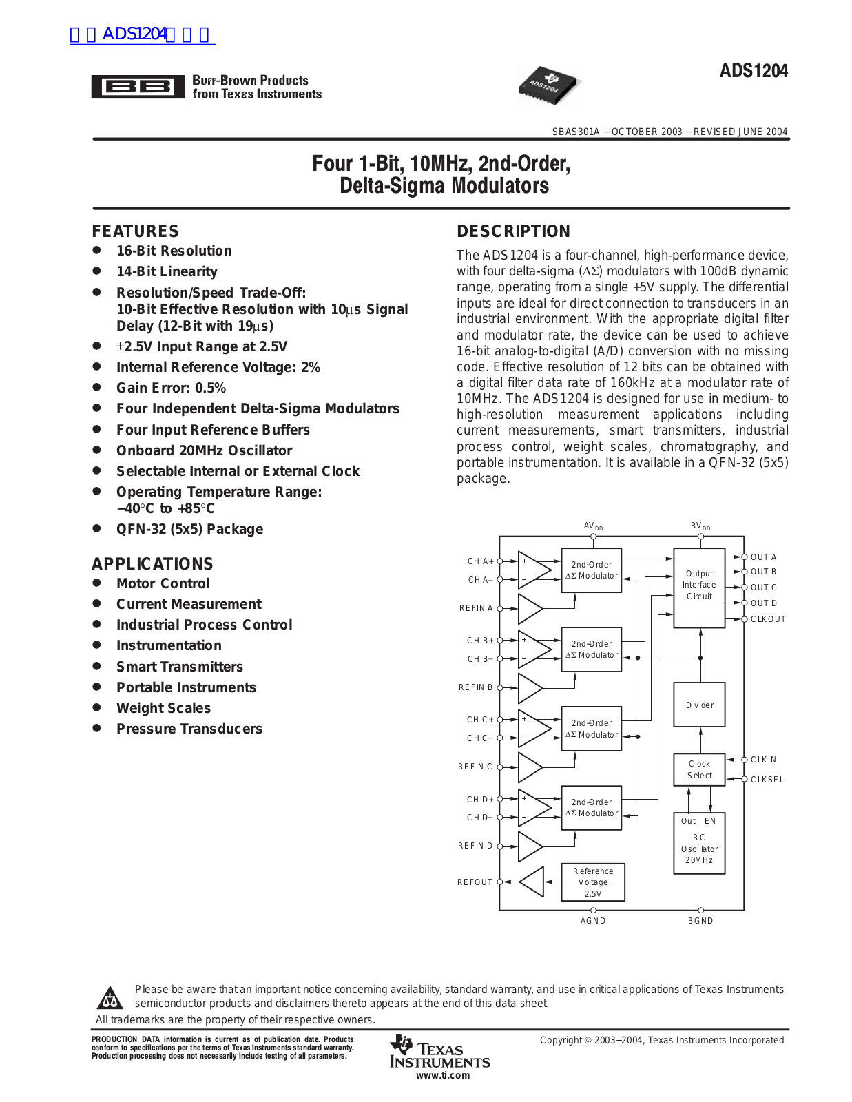 TEXAS INSTRUMENTS ADS1204 Technical data