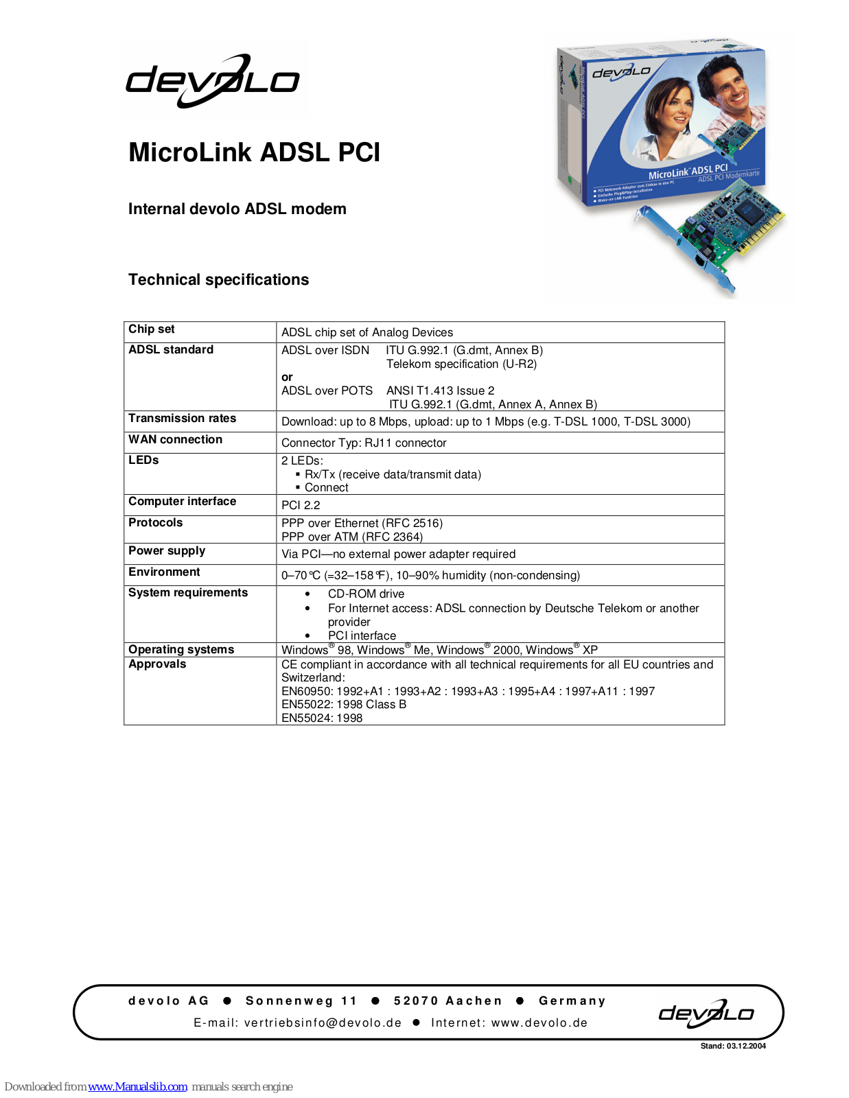 Devolo ADSL PCI, MicroLink ADSL PCI Technical Specifications