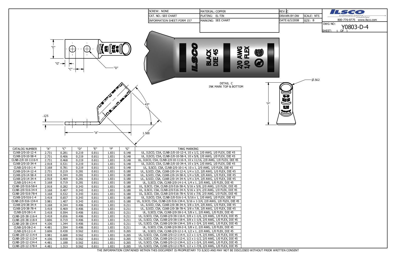 Ilsco CLNB-2/0-38-1-4 Data sheet