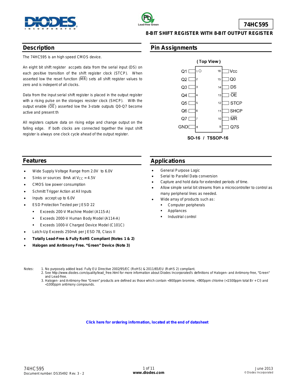 Diodes 74HC595 User Manual