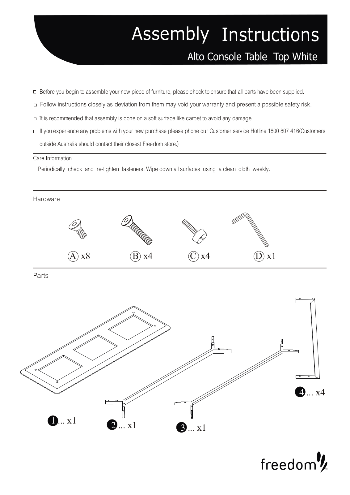 Freedom Alto Console Table Top Assembly Instruction