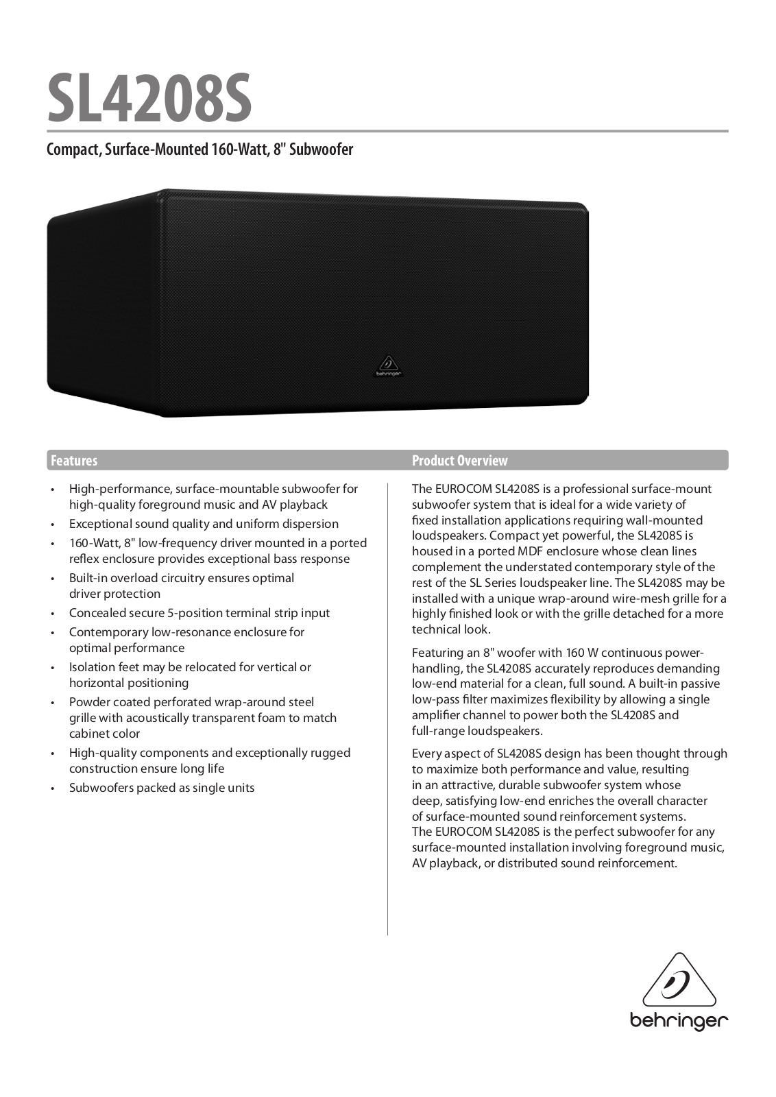 Behringer SL4208S Specification Sheet