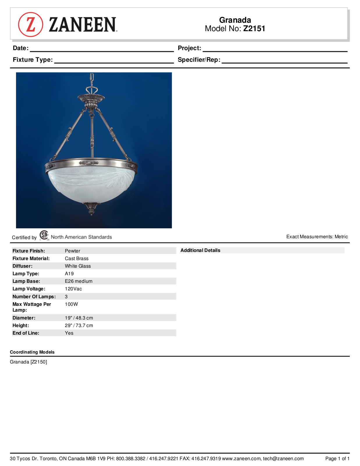 Zanin Lighting Inc. ZN1596 Specifications - ManualMachine.com