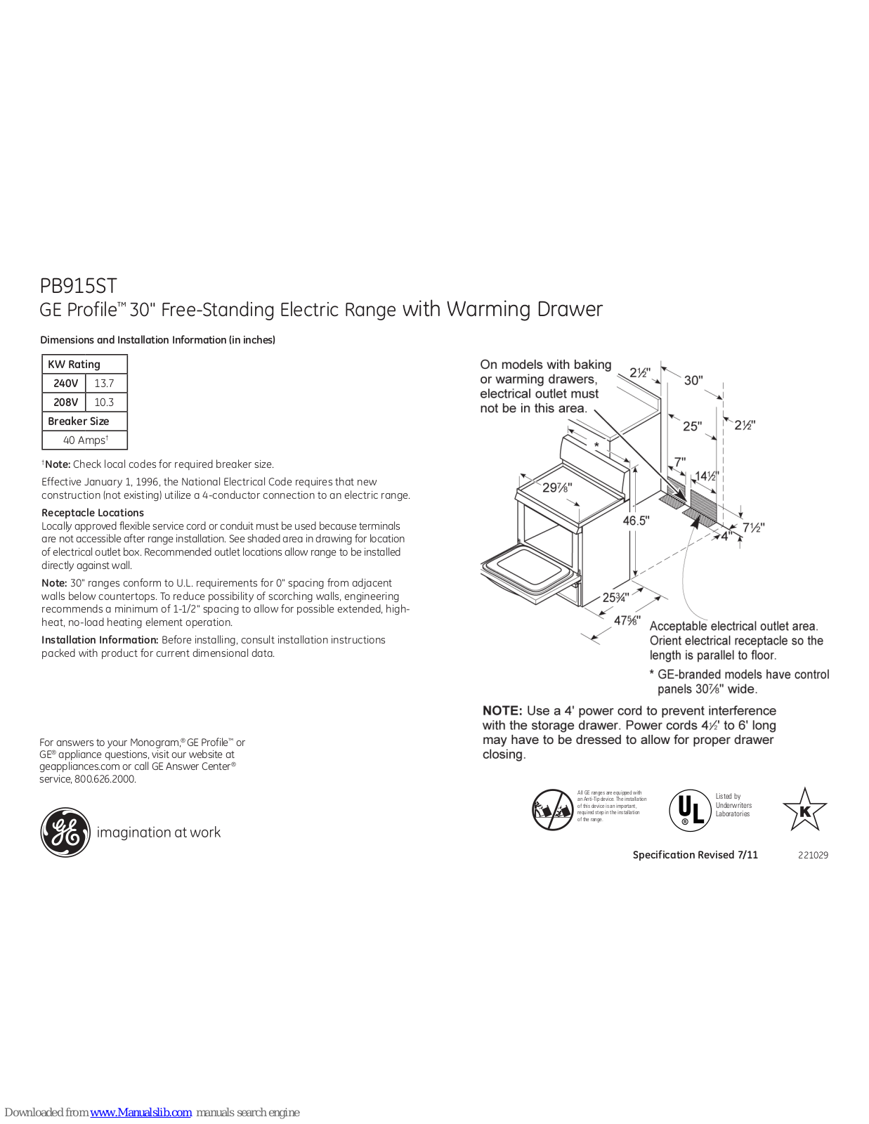 GE Profile PB915STSS, Profile PB915ST Dimensions And Installation Information