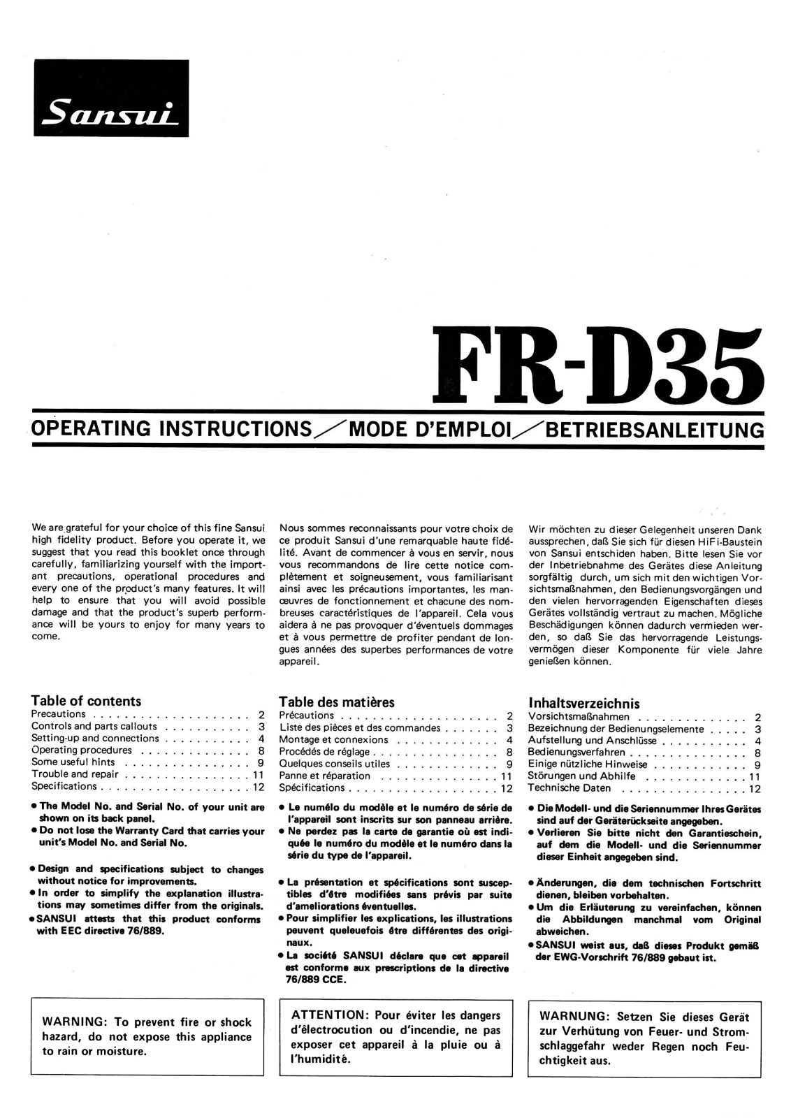 Sansui FR-D35 Owners Manual