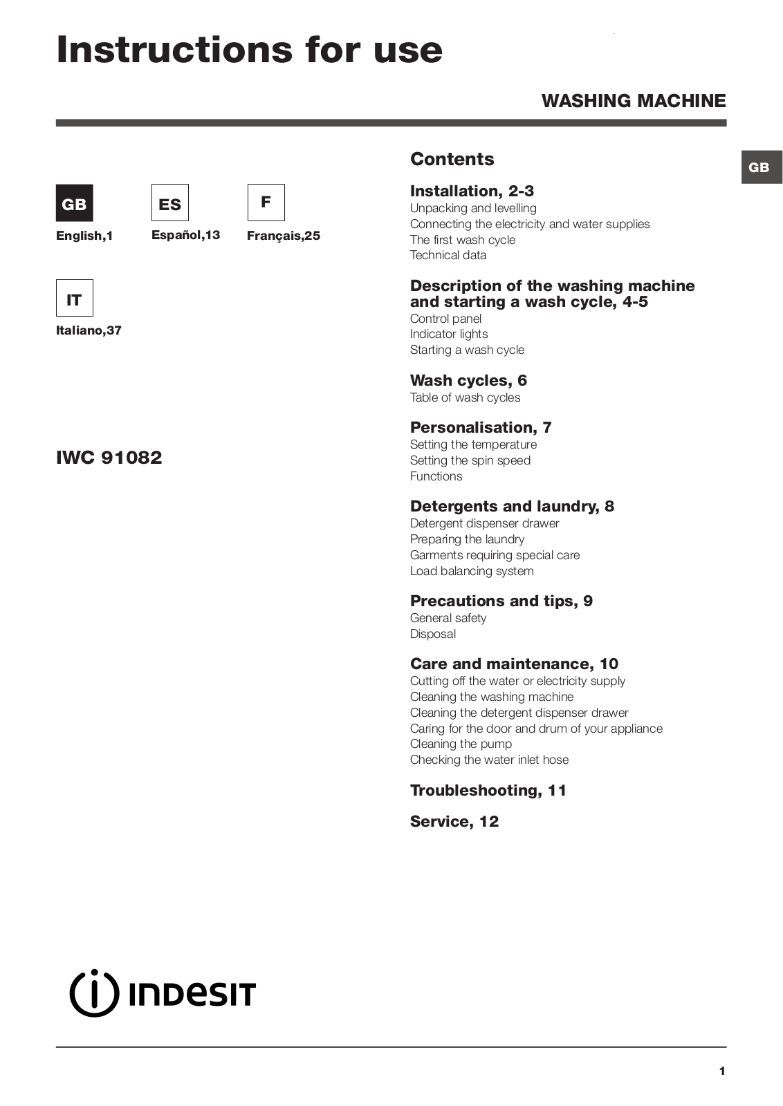 INDESIT IWC 91082 ECO (EU) User Manual