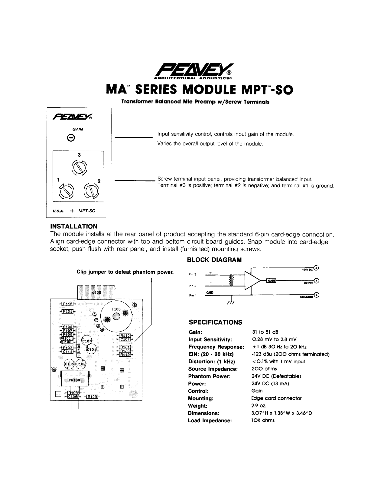 Peavey MA Series MODULE MPT-SO INSTALLATION GUIDE