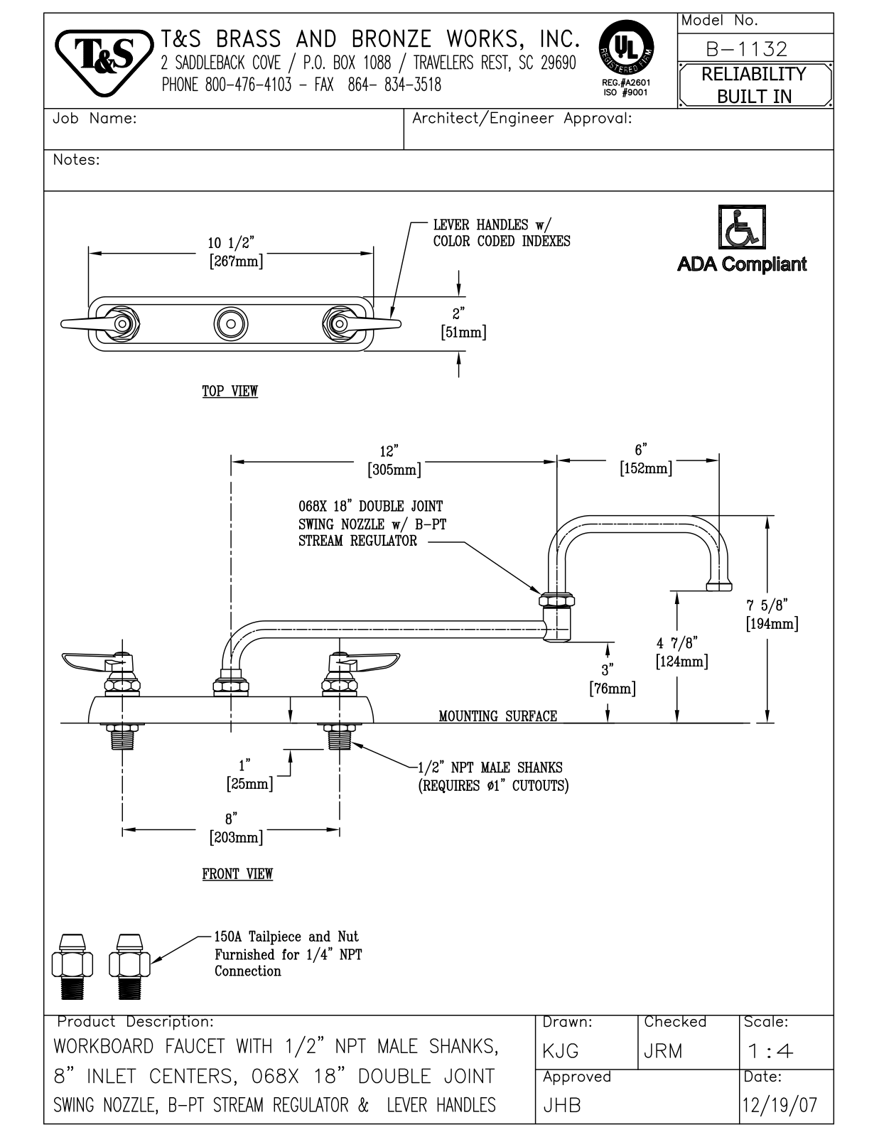 T&S Brass Manuals B-1132 User Manual