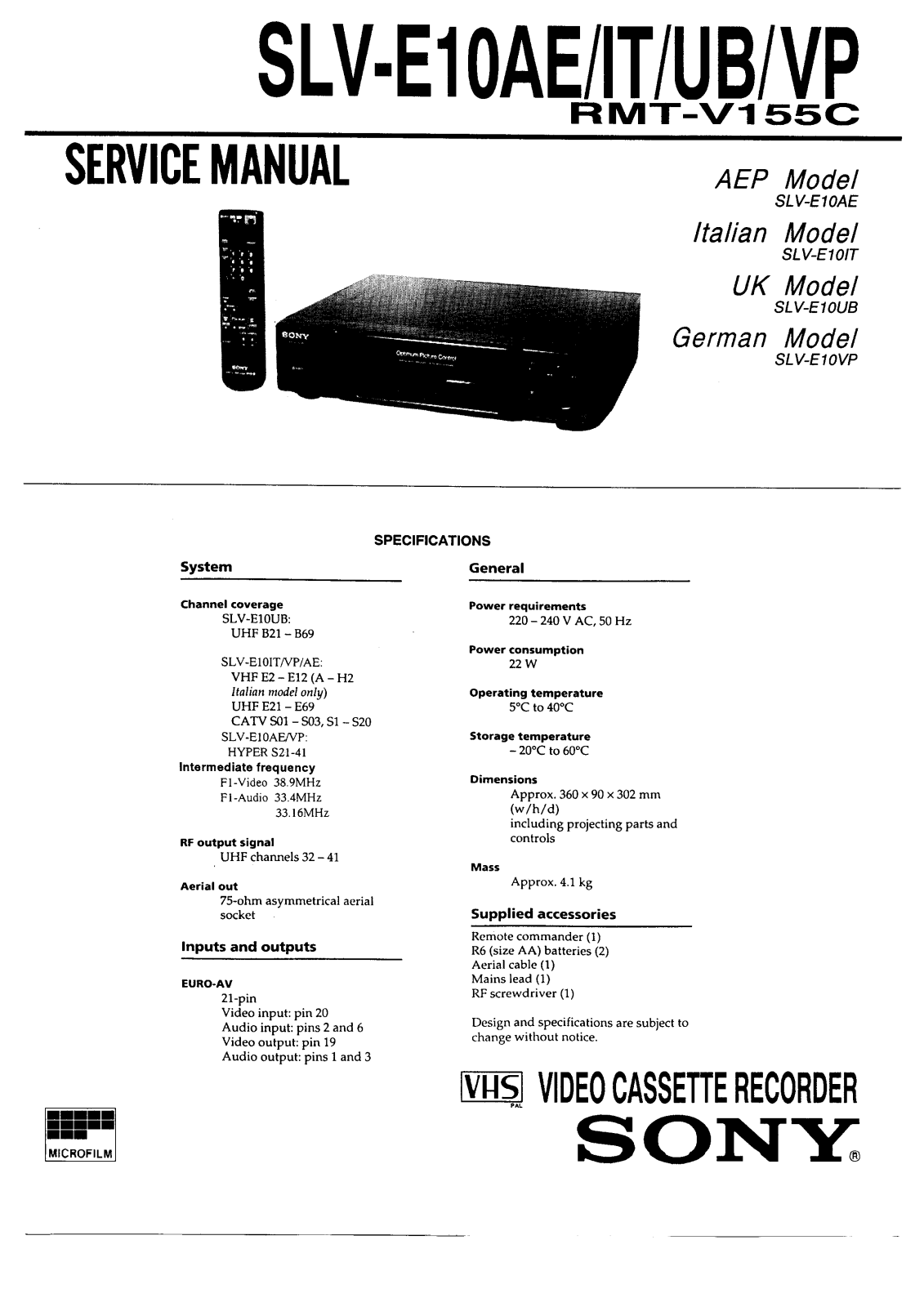 Sony SLV-E10AE/IT/UB/VP Service Manual