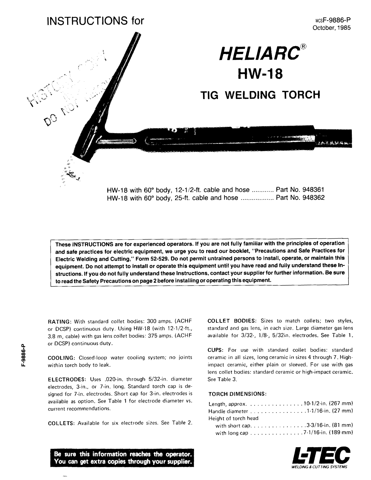 UNION CARBIDE Heliarc HW-18 & HW-18R Tig Welding Torches Troubleshooting instruction
