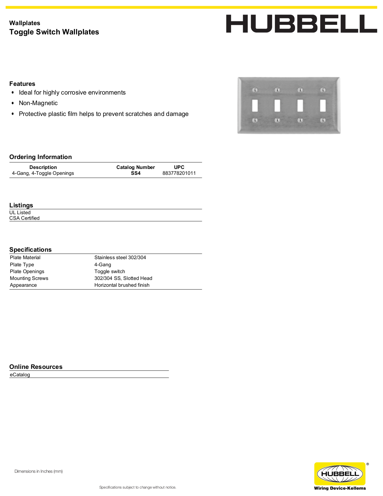 Hubbell SS4 Specifications