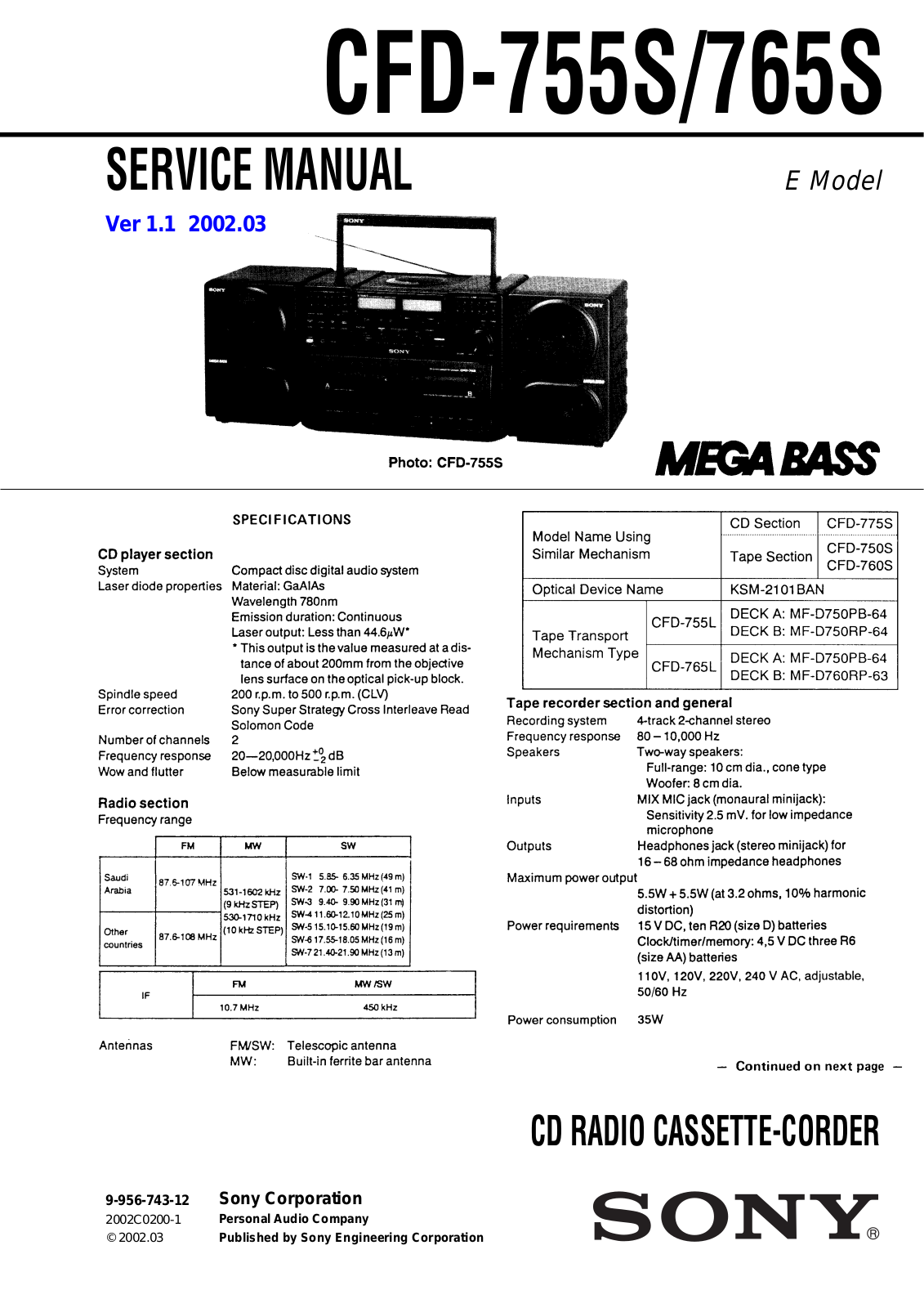 SONY CFD 765 Service Manual