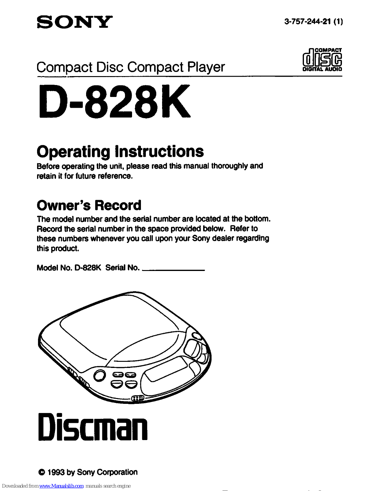 Sony D-828K Primary Operating Instructions Manual