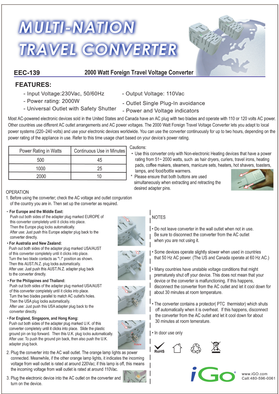 I-go INTERNATIONAL TRAVEL ADAPTER User Manual