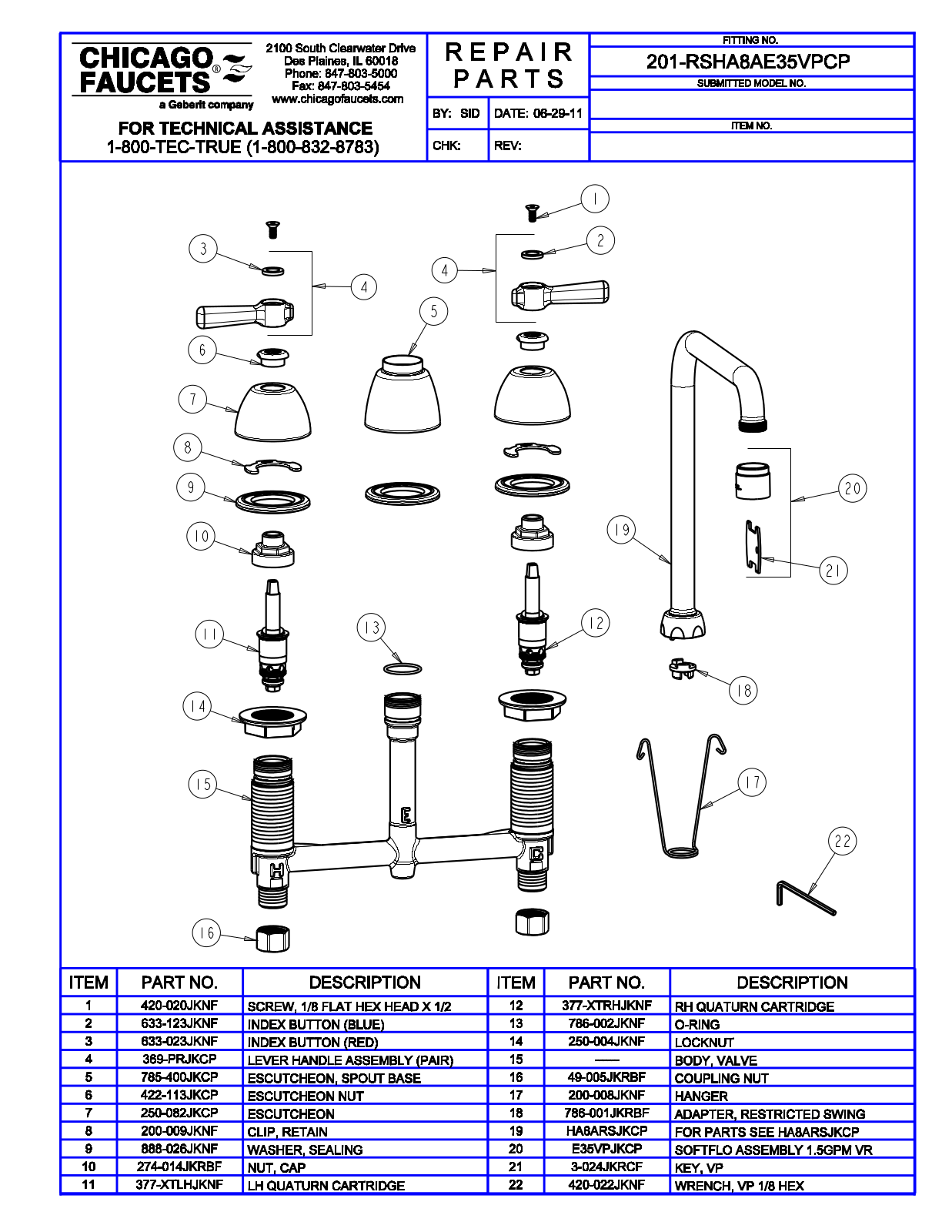 Chicago Faucet 201-RSHA8AE35VP Parts List