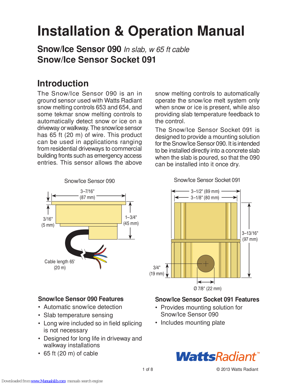 Watts Snow/Ice Sensor Socket 091, Snow/Ice Sensor 090 Installation & Operation Manual