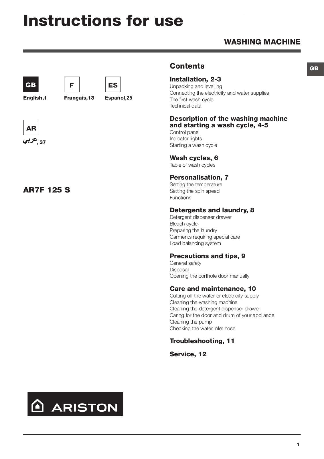 Hotpoint AR7F 125 S User Manual