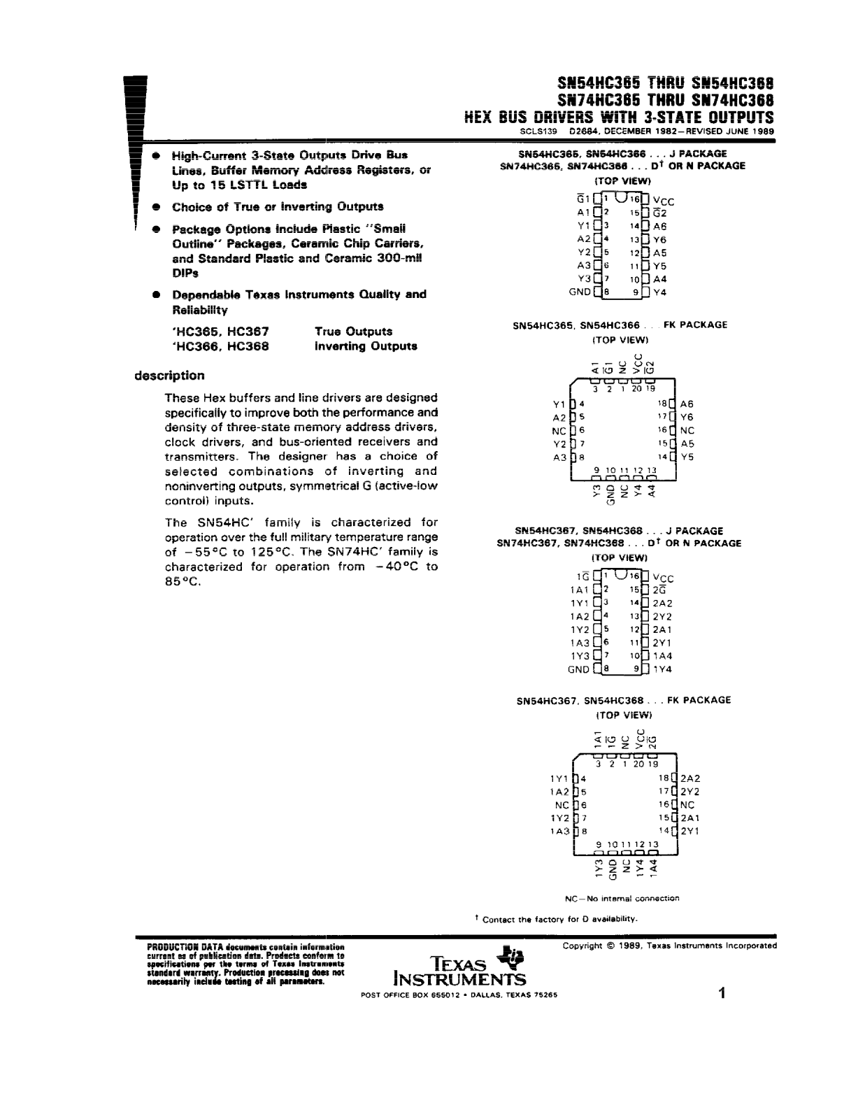Datasheet SN54HC366J, SNJ54HC366FK, SNJ54HC366J Datasheet (Texas Instruments) - ManualMachine.com