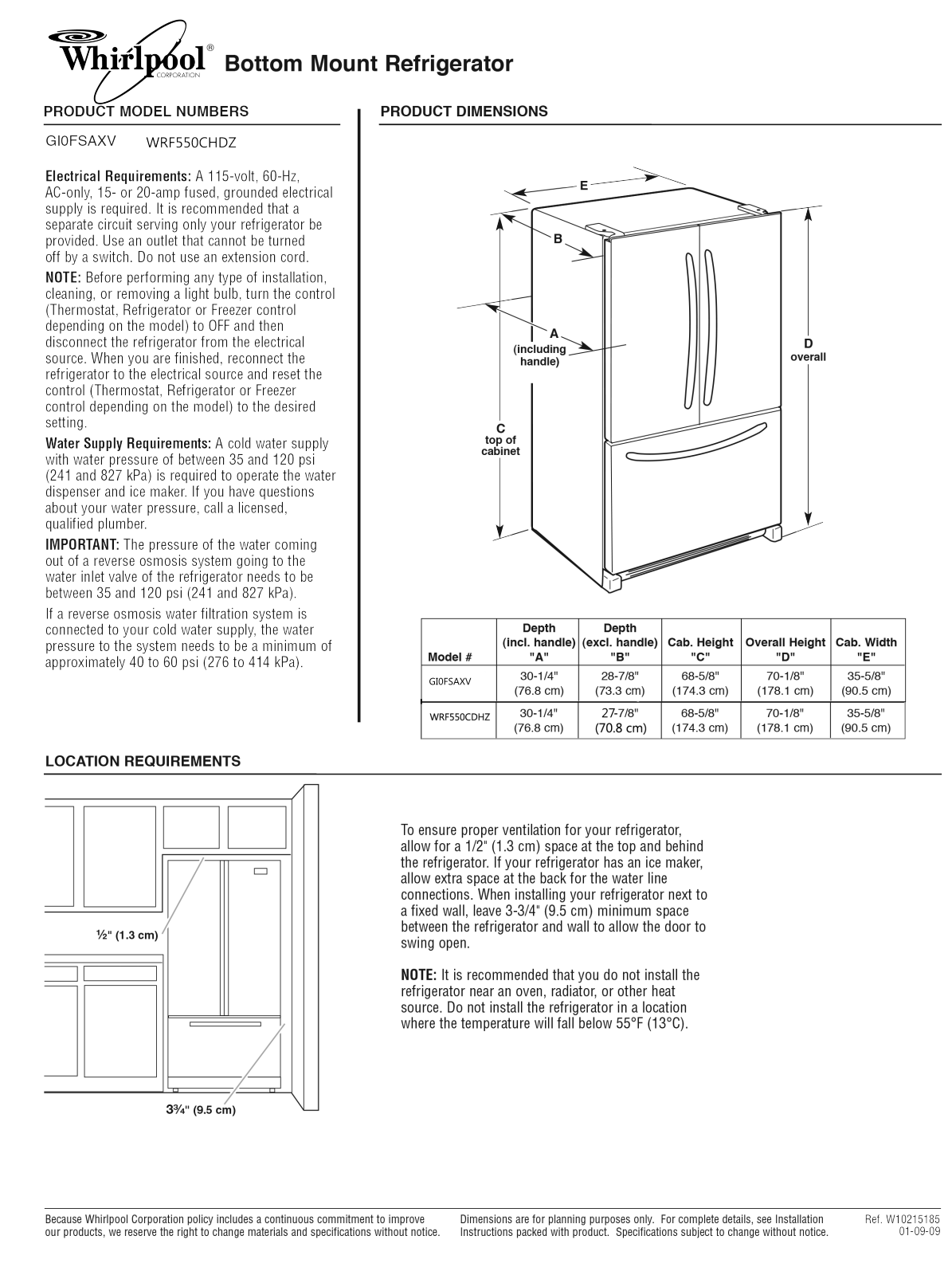 Whirlpool GI0FSAXVY, GI0FSAXVQ, GI0FSAXVA, GI0FSAXVB, WRF550CHDZ Dimension Guide