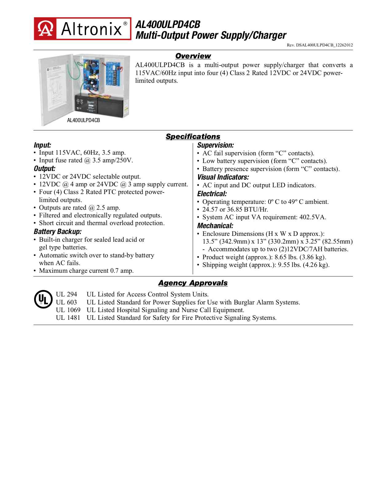 Altronix AL400ULPD4CB Specsheet