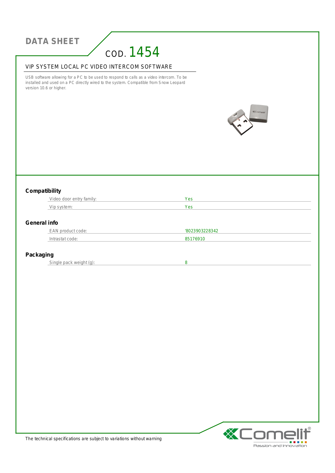 Comelit 1454 Specsheet