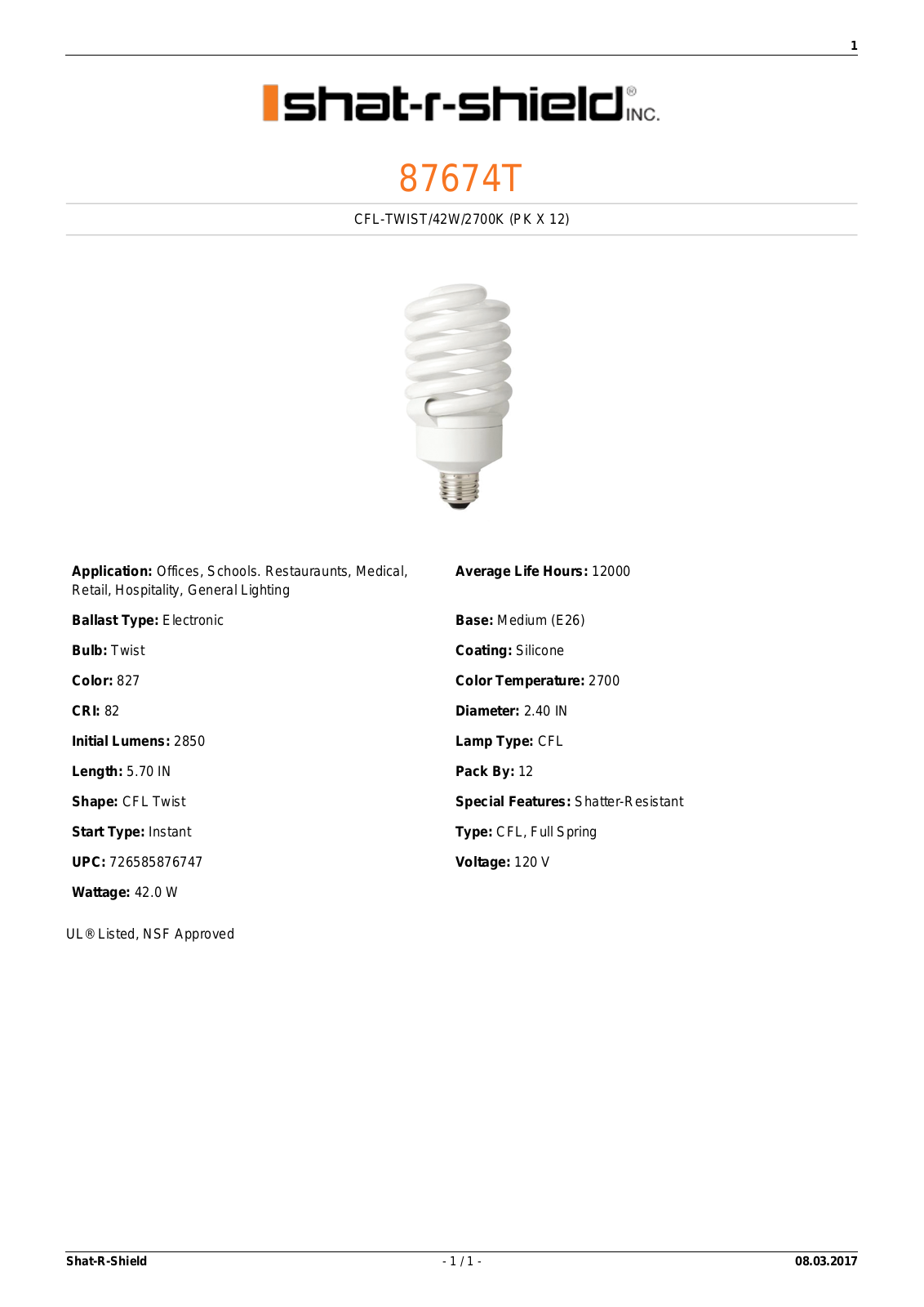 Shat-R-Shield 87674T Data sheet