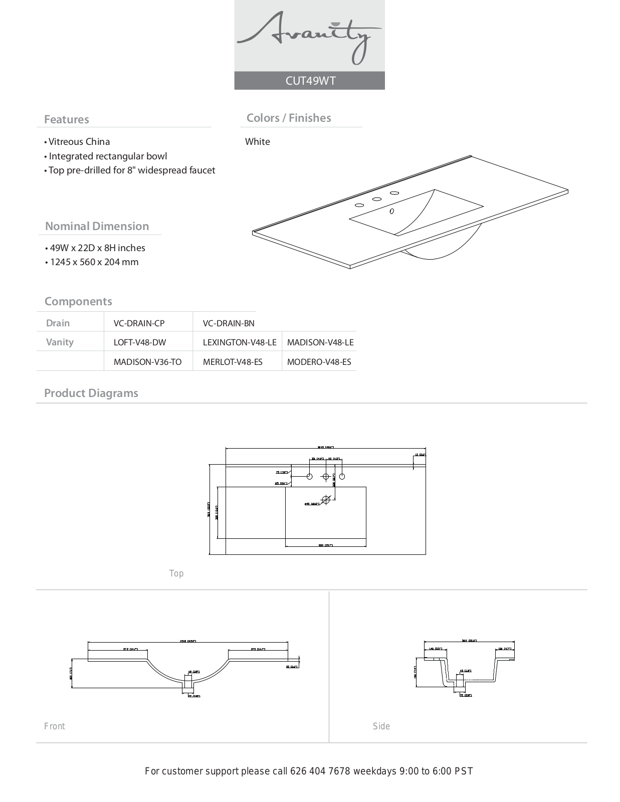 Avanity CUT49WT Specifications