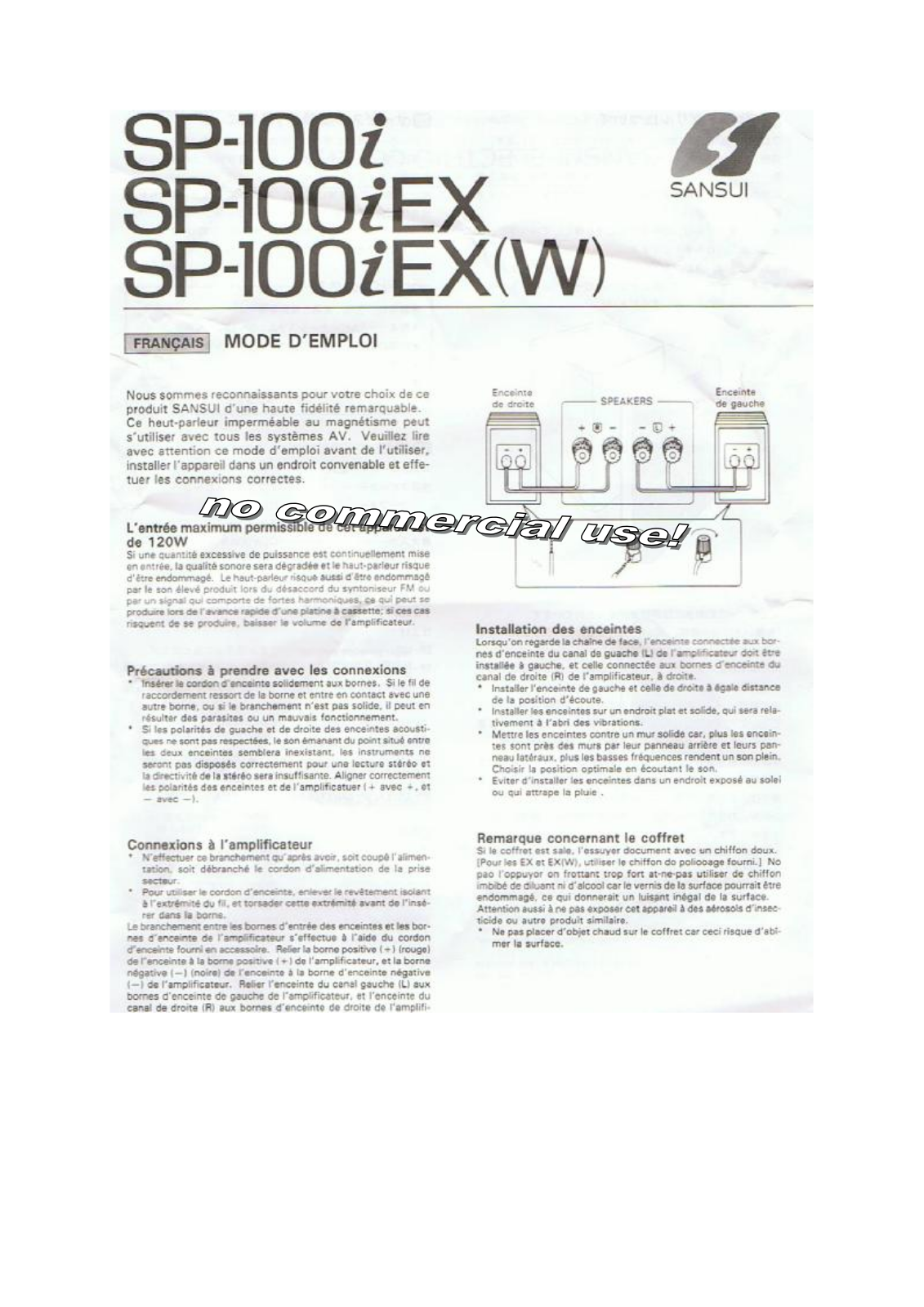 Sansui SP-100-IEX, SP-100-IEXW, SP-100-I Owners manual