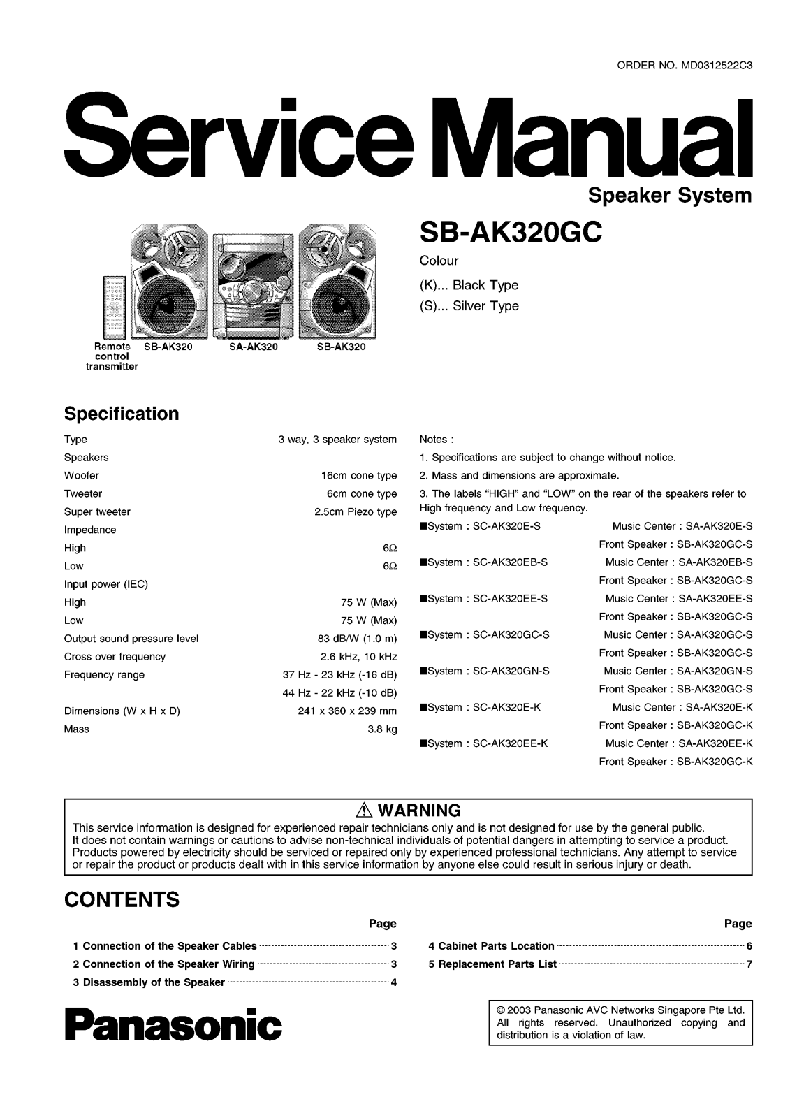 Panasonic SBAK-320-GC Service manual