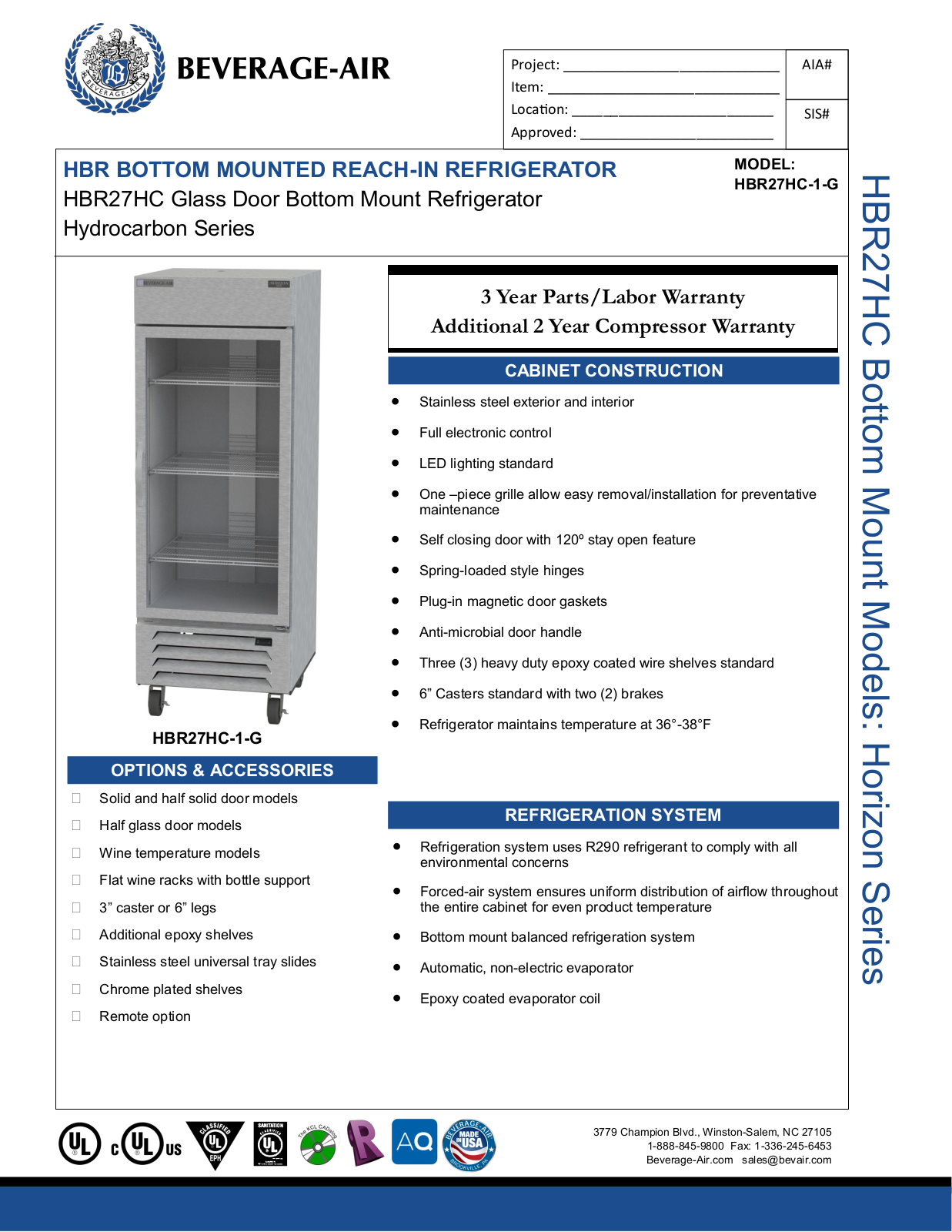 Beverage-Air HBR27HC1G Specifications