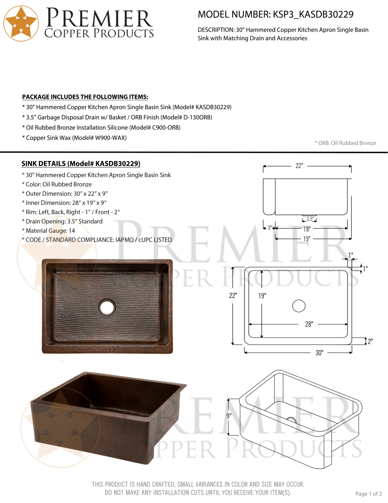 Premier Copper Products IER1649 Specifications - ManualMachine.com