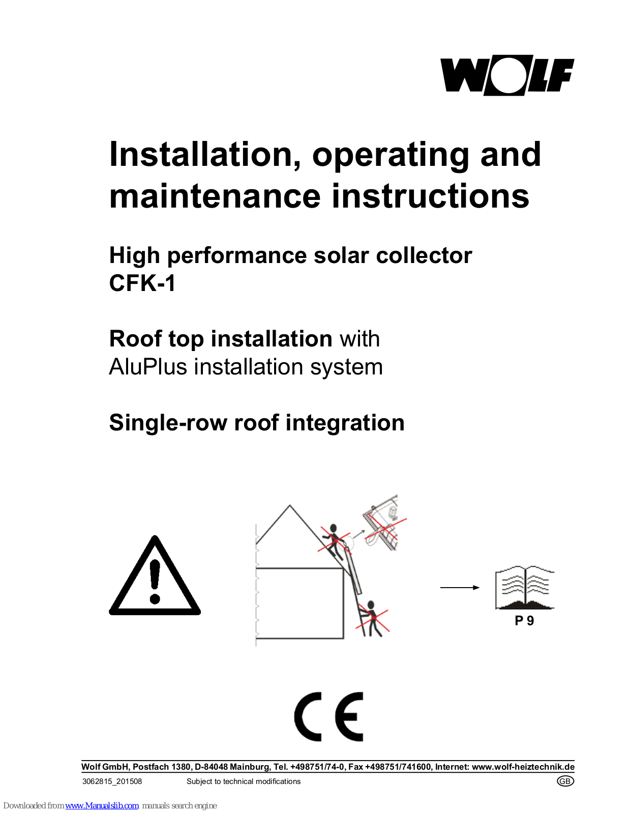 Wolf CFK-1 Installation, Operating And Maintenance Instructions