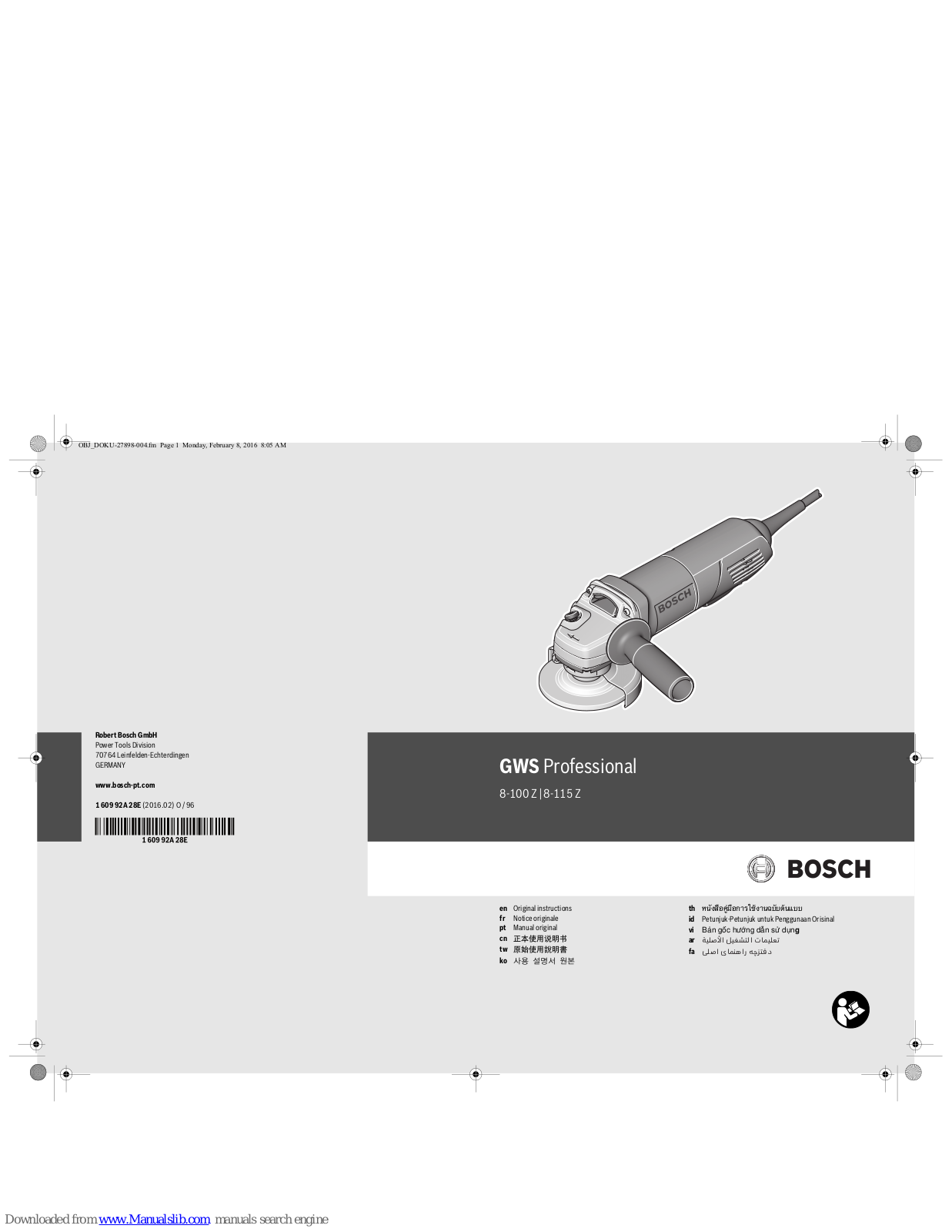 Bosch GWS 8-100 Z Professional, GWS 8-115 Z Professional Original Instructions Manual